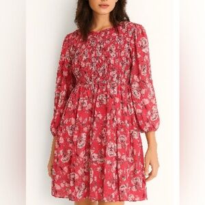 Elaine Rose Smocked Red Floral Dress  with Bishop Sleeves Boho Cottagecore L